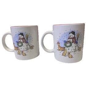 Set of  Two Vintage  Snowman by Salem China Christmas Holiday Red trim Mugs